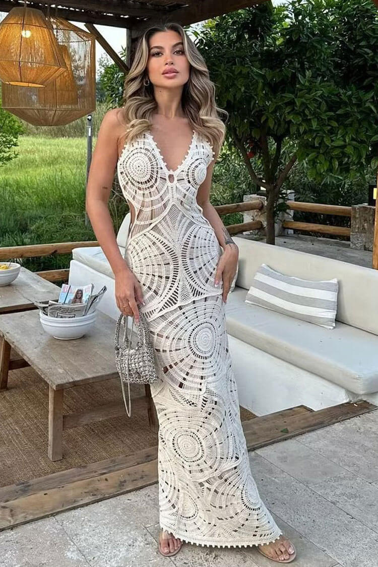 Crochet Circle Motif Deep V-Neck Sleeveless Open Knit Maxi Dress 2