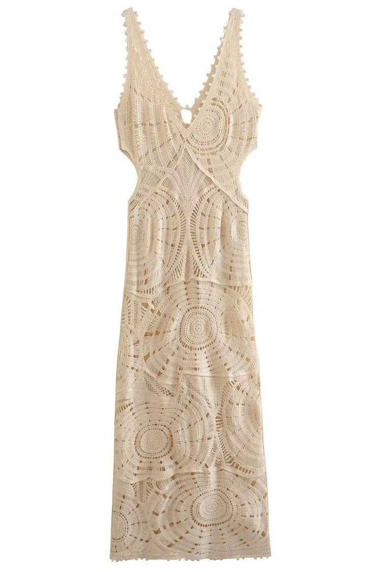 Crochet Circle Motif Deep V-Neck Sleeveless Open Knit Maxi Dress 6