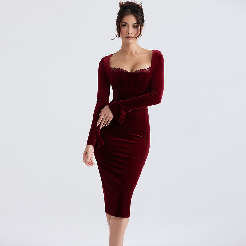 Burgundy Long Sleeve Lace Trim Mesh Panel Corset Midi Dress