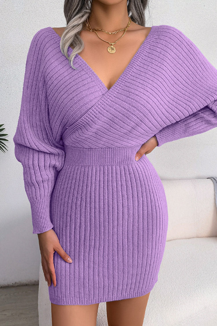 Wrap Front V-Neck Bishop Sleeve Rib Knit Bodycon Mini Sweater Dress 2