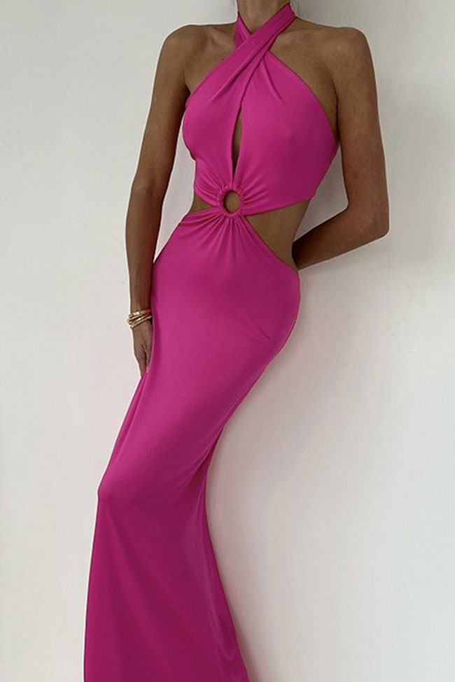 Halter Neck O-Ring Waist Keyhole Side Cutout Bodycon Maxi Dress