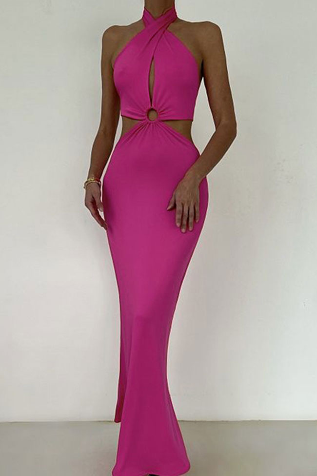 Halter Neck O-Ring Waist Keyhole Side Cutout Bodycon Maxi Dress 2