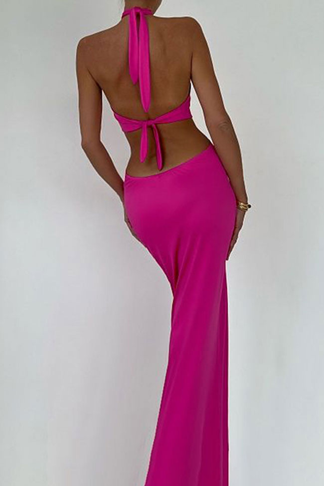 Halter Neck O-Ring Waist Keyhole Side Cutout Bodycon Maxi Dress 3