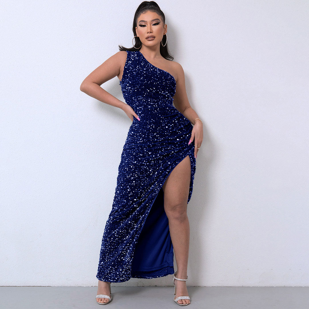 Royal Blue One Shoulder Sequin High Slit Gown Maxi Dress