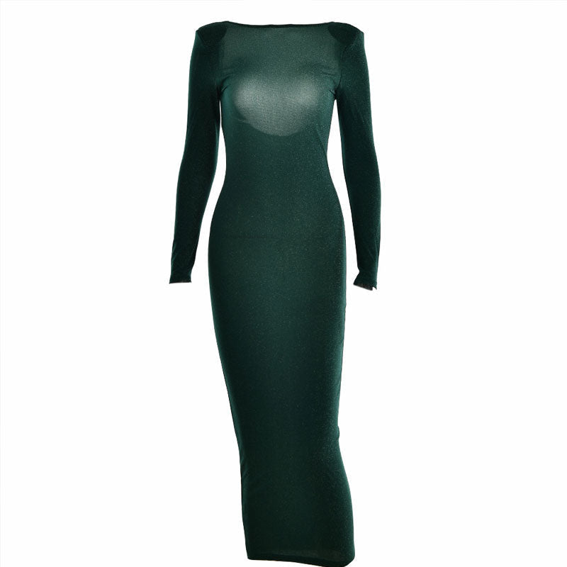 Emerald Green Shoulder Pad Long Sleeve Open Back Bodycon Midi Dress 3
