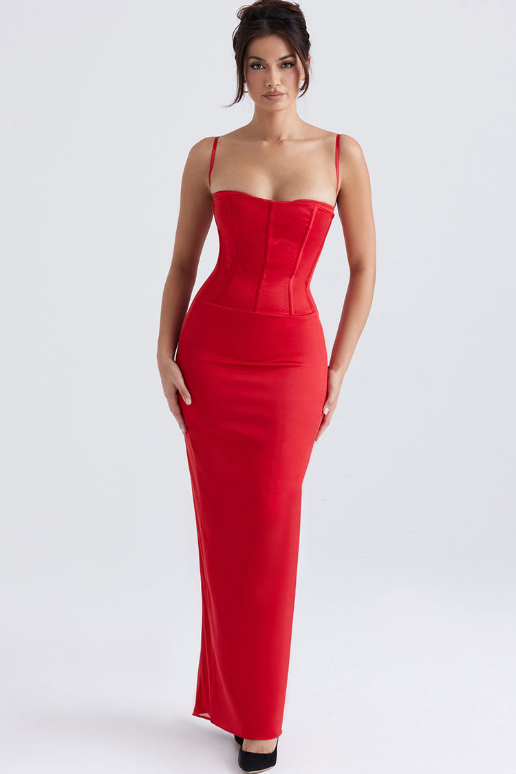 Corset Bodice Spaghetti Strap Column Satin Evening Maxi Gown