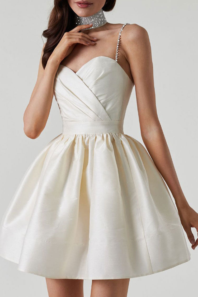 Sweetheart Rhinestone Strap Pleated Wrap Bodice Skater Mini Dress