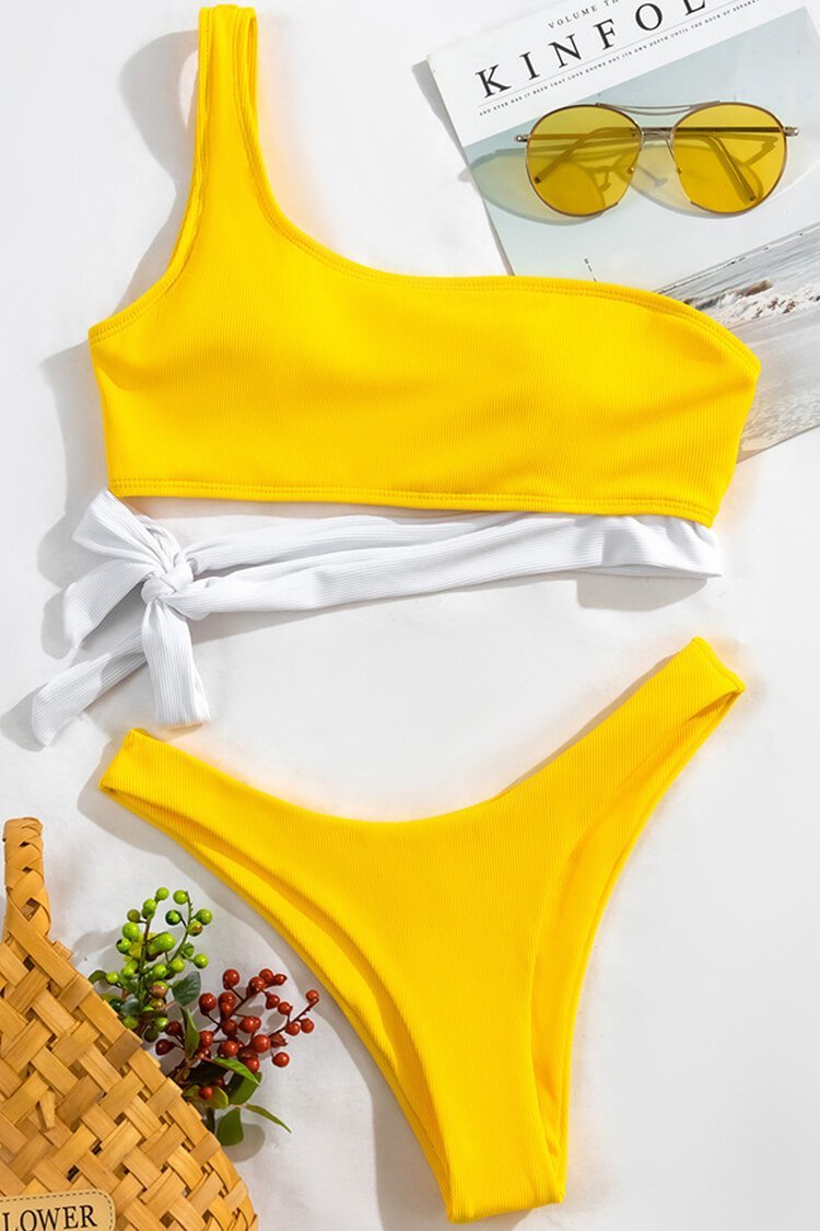 Simple Contrast Ribbed One Shoulder Bikini Swimsuit - Two Piece Set