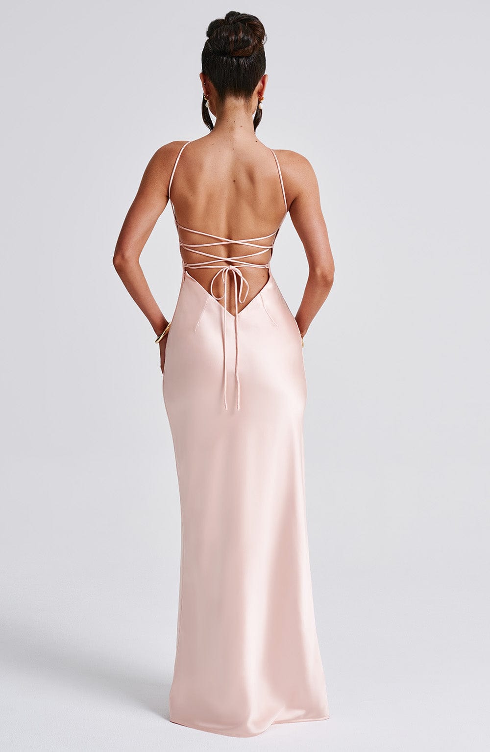 Spaghetti Strap Lace Up Open Back Satin Column Maxi Gown 5