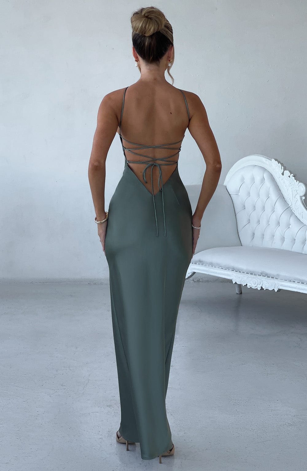 Spaghetti Strap Lace Up Open Back Satin Bias Column Maxi Dress
