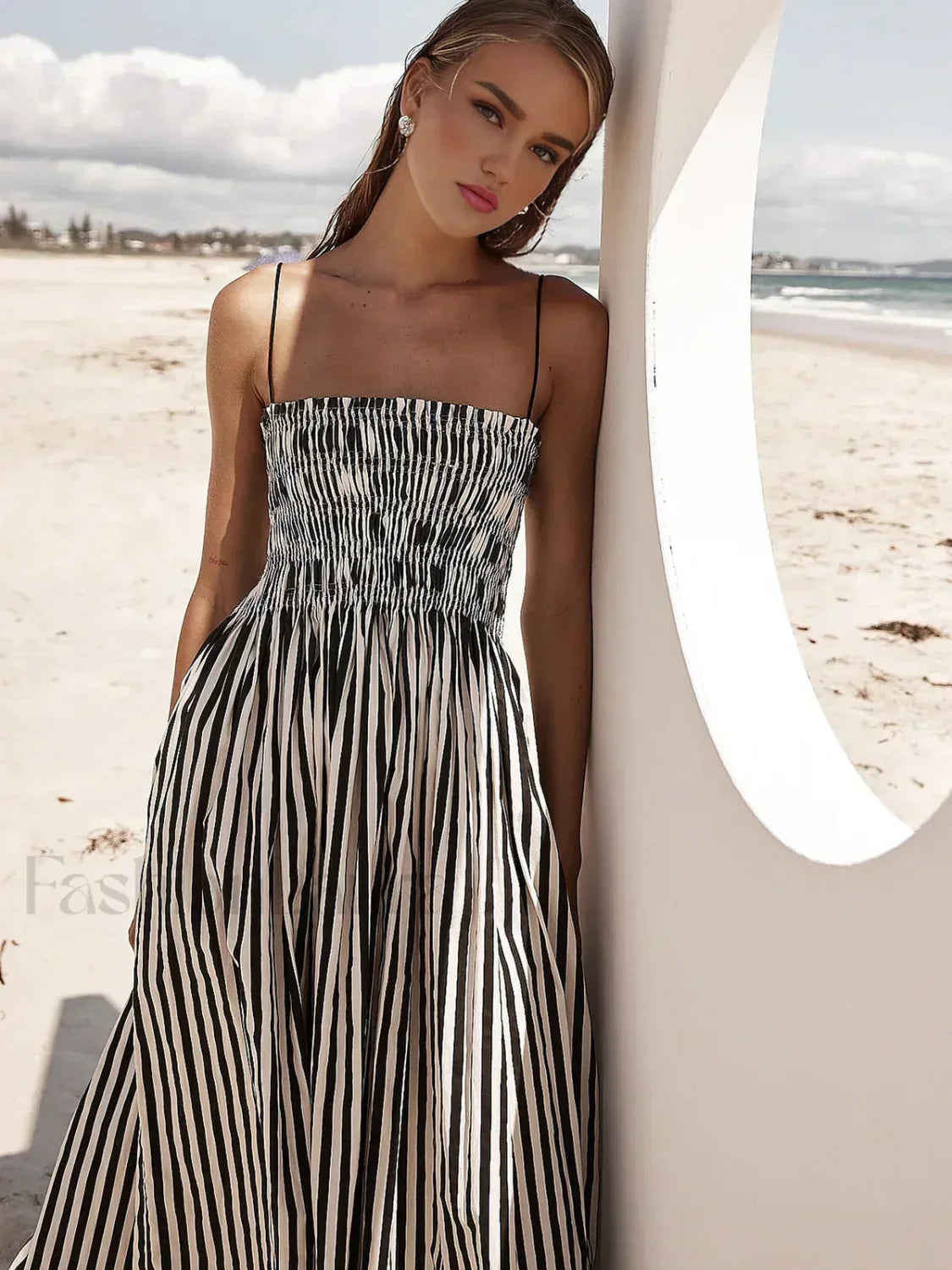 Black Sleeveless Pinstripe Long Dress 2