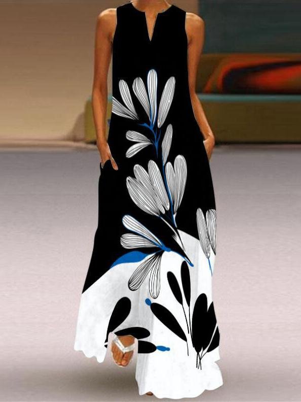 Floral Print Notched V-Neck Sleeveless Pocket Maxi Dress