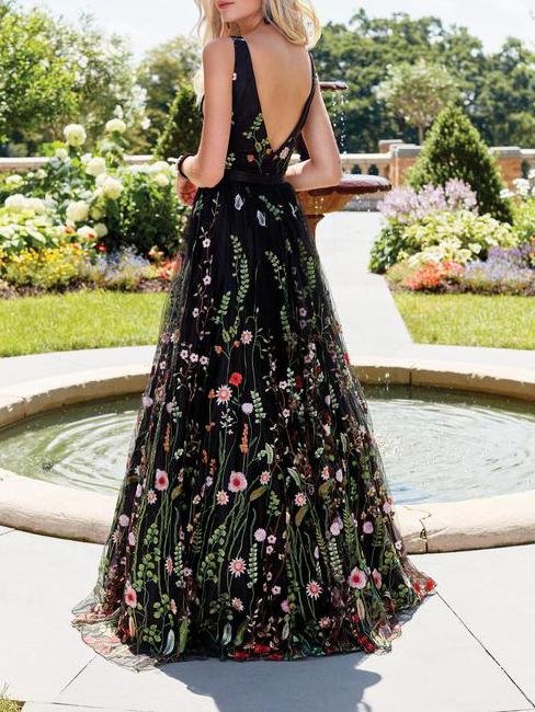 Floral Embroidery Mesh Plunge V-Neck Sleeveless Ball Gown Maxi Dress 2