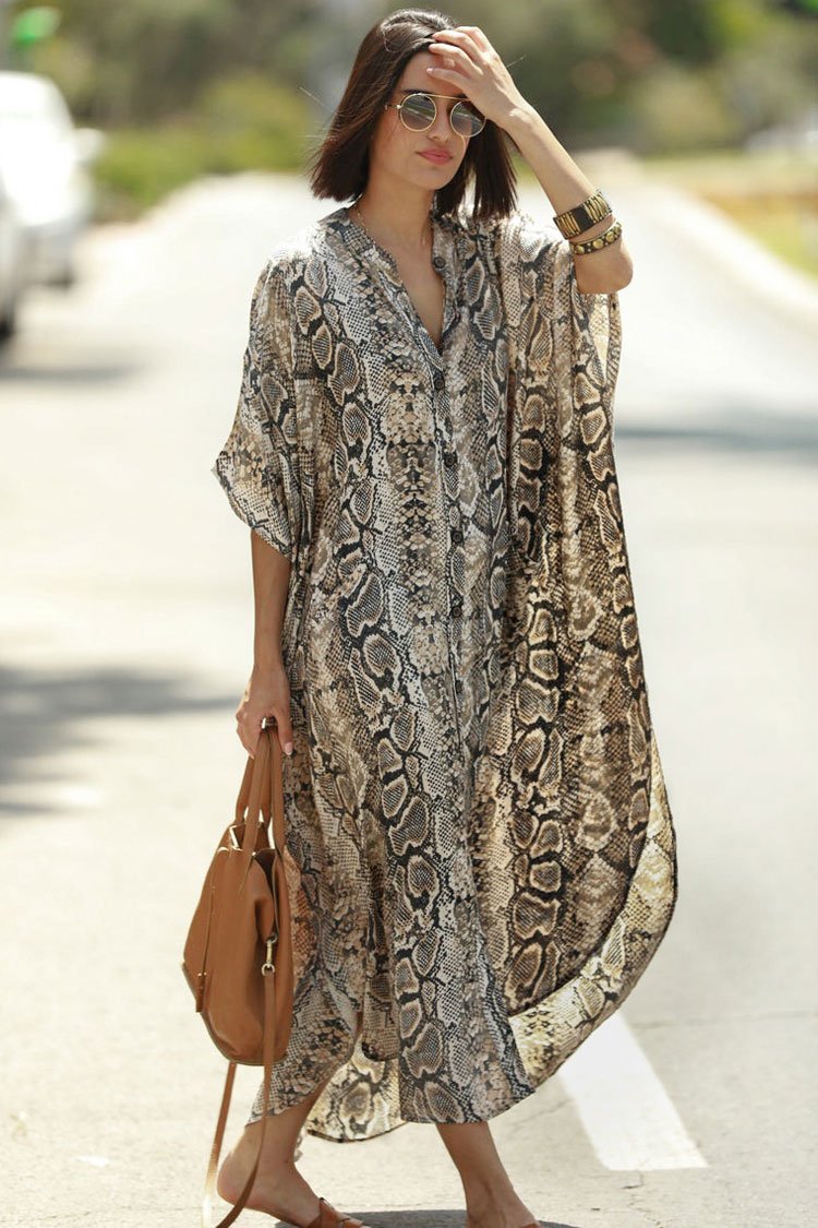 Snake Pocketed Button Front Side Slit Sleeved Maxi Cover Up