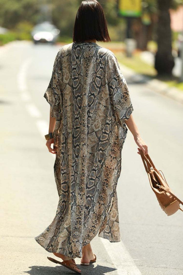 Snake Pocketed Button Front Side Slit Sleeved Maxi Cover Up