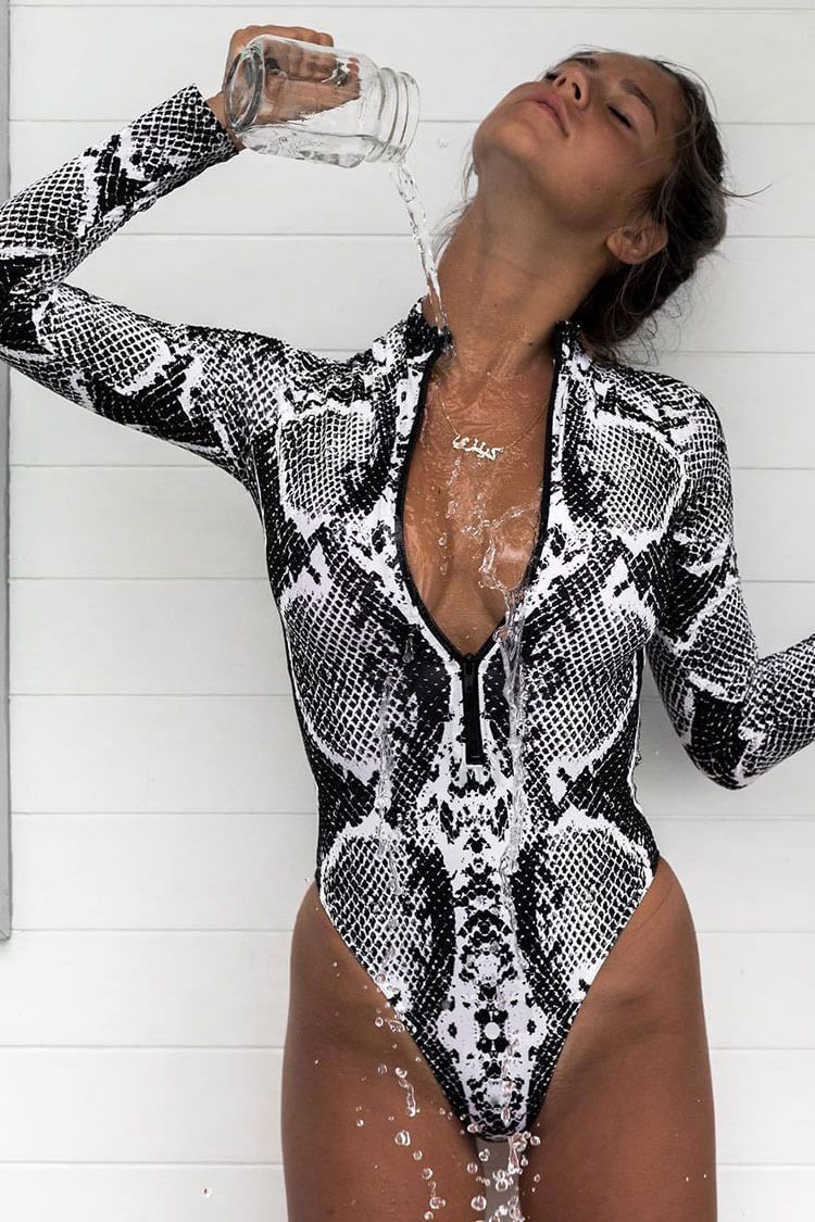 Snake Sleeved Zipper Front One Piece Swimsuit
