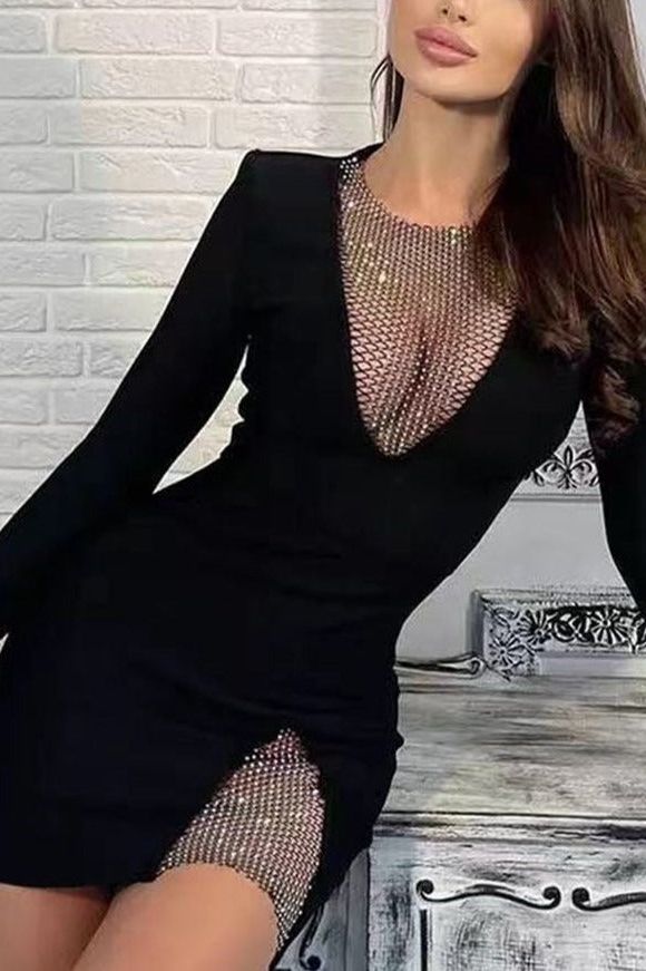 Classic Black Mesh Panel Deep V-Neck Long Sleeve Cut Out Bodycon Mini Dress 6