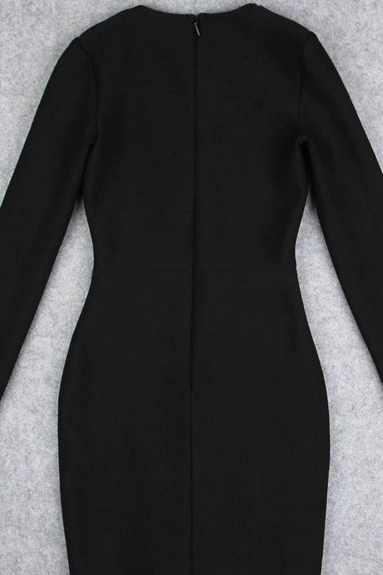 Classic Black Mesh Panel Deep V-Neck Long Sleeve Cut Out Bodycon Mini Dress 8