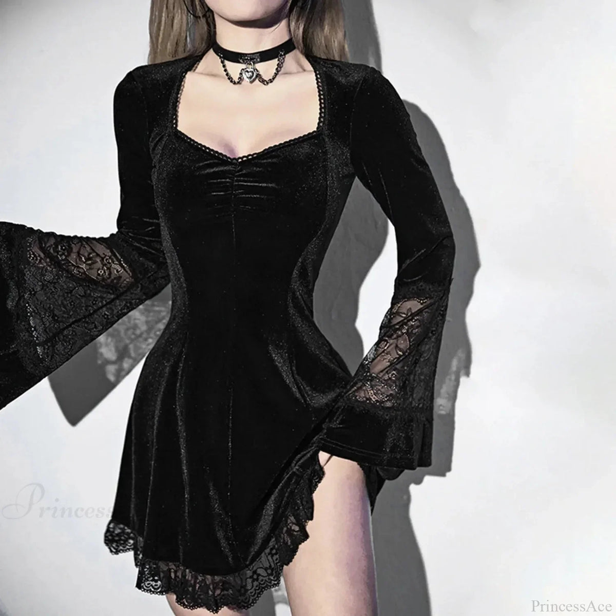 Velvet Sweetheart Ruched Bodice Lace Panel Bell Sleeve Mini Dress