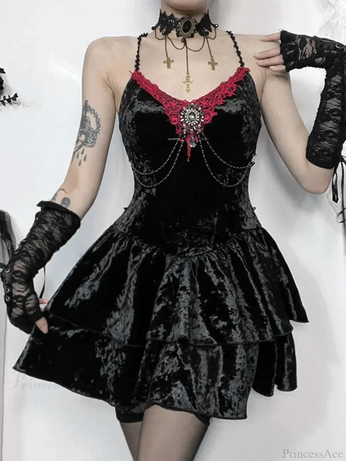 Velvet Lace-Trim Brooch Chain Tiered Ruffled Cami Mini Dress