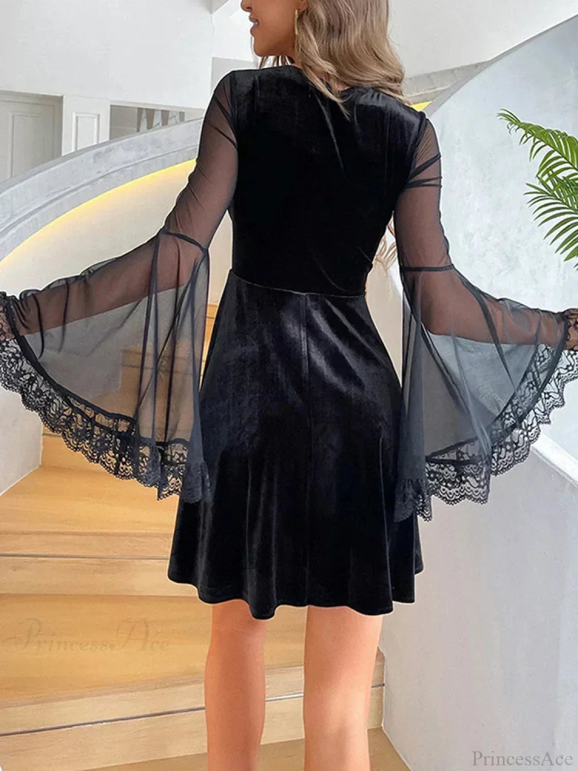 Velvet Sweetheart Lace Trim Sheer Mesh Bell Sleeve Flared Mini Dress 2