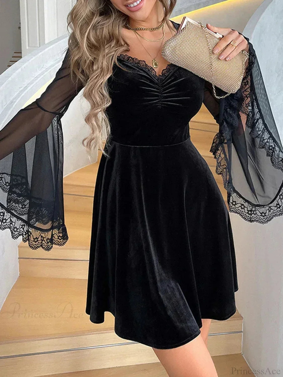 Velvet Sweetheart Lace Trim Sheer Mesh Bell Sleeve Flared Mini Dress 4