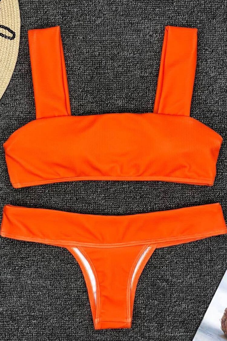 Solid Ribbed Bandeau Bikini Swimsuit - Two Piece Set