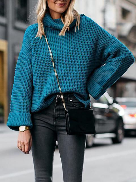 Solid Turtleneck Knitting Loose Sweater