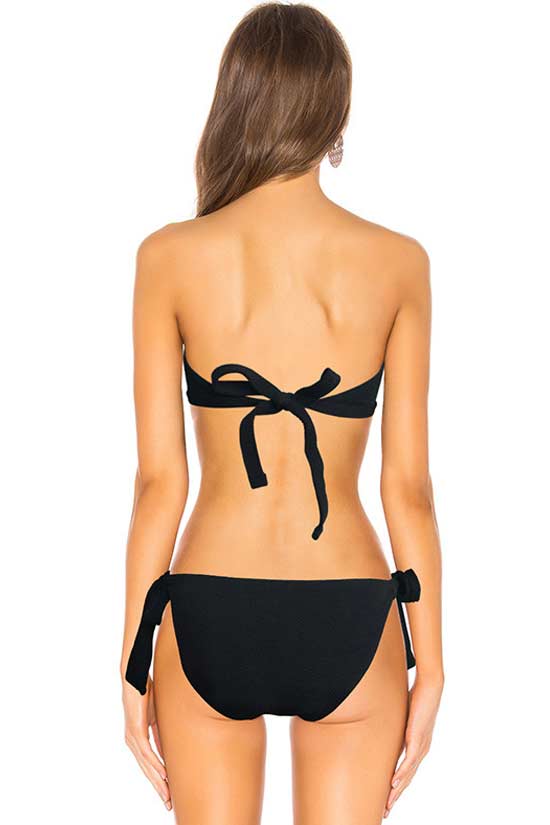 Knotted Front Textured Bowknot Bandeau Bikini Swimsuit - Two Piece Set