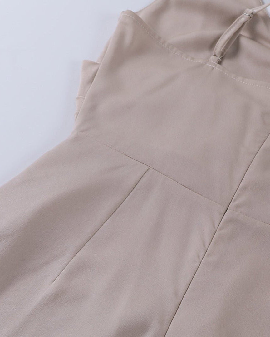Deep V Neck Spaghetti Strap Ruched Wrap High Slit Satin Maxi Dress 12