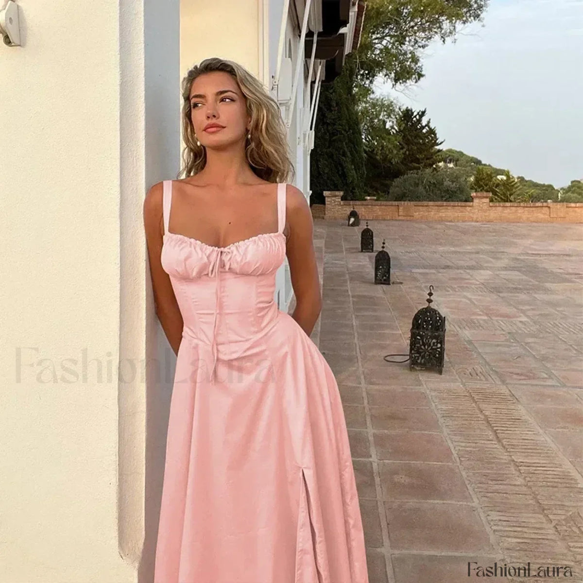 Pink Spaghetti Strap Lace-up Floral Dress 5