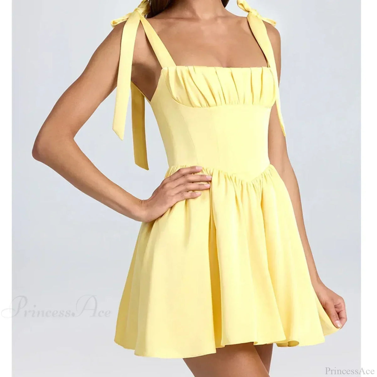 Tie Shoulder Bow Square Neck Basque Waist Skater Mini Dress
