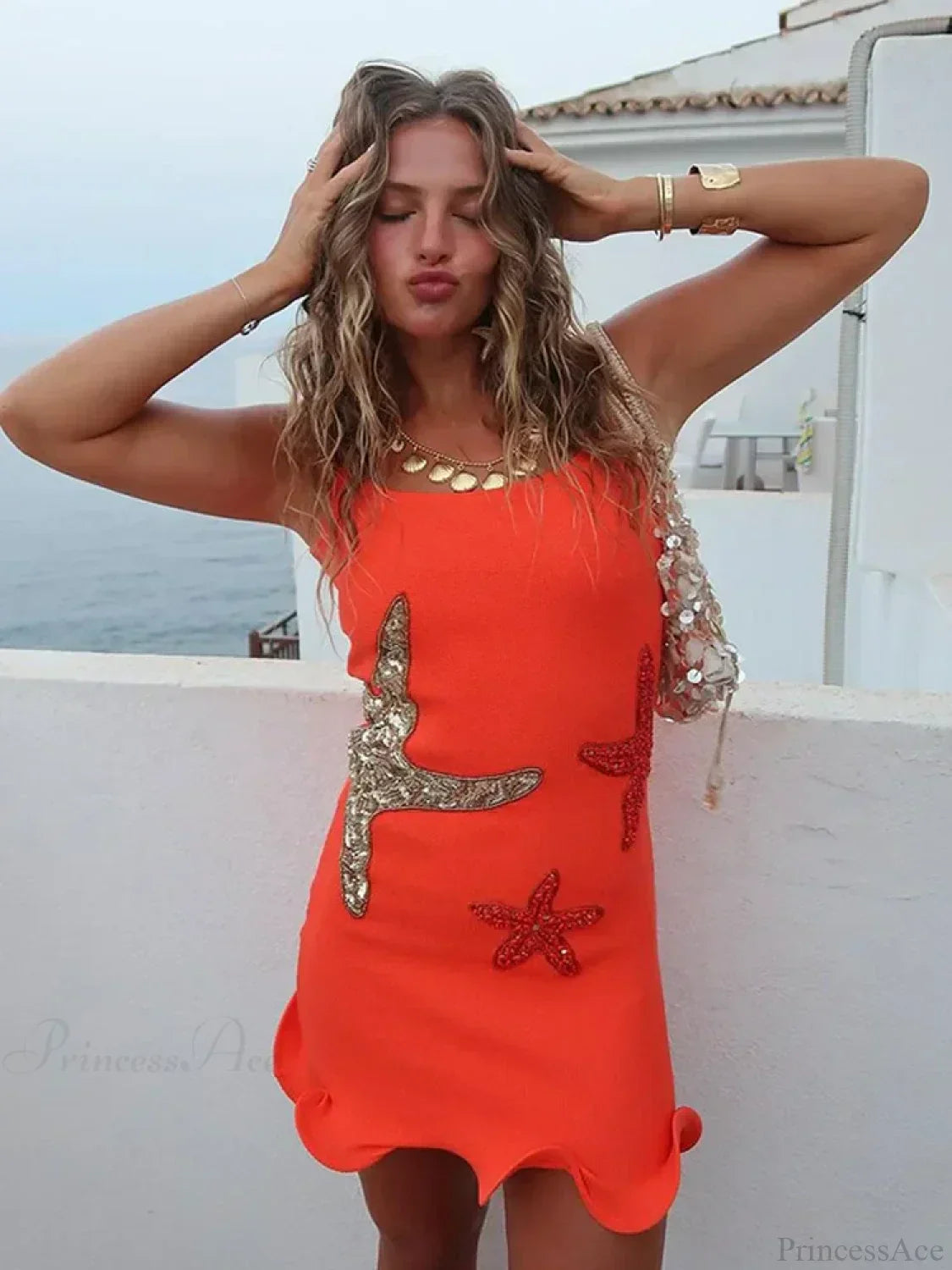 Starfish Appliqué Scoop Neck Ruched Scalloped Hem Bodycon Mini Dress 5
