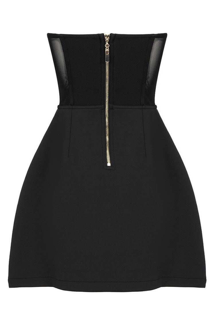 Rhinestone Spiral Applique Sheer Mesh Strapless Sweetheart Tulip Hem Mini Dress 5
