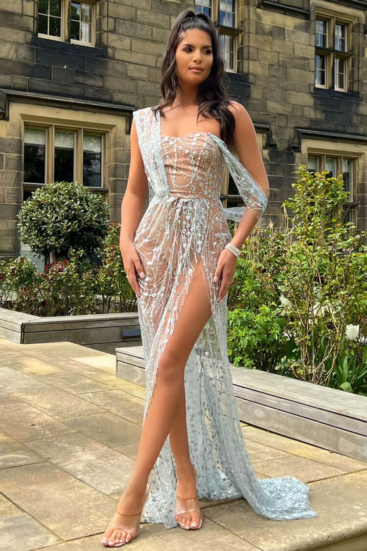 One-Shoulder Sheer Mesh Sequin Cape Sleeve High Split Maxi Gown 5