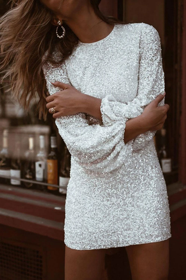 Black Round Neck Long Sleeve Sequin Bodycon Mini Dress 4