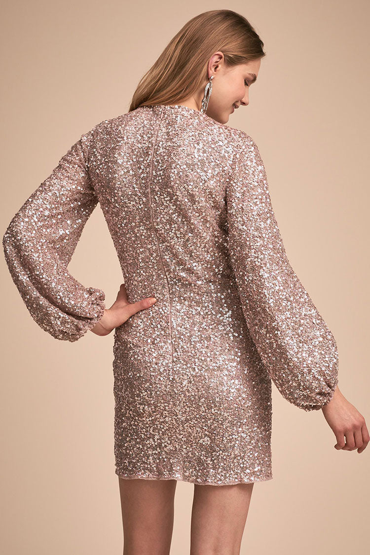 Round Neck Long Puff Sleeve All-Over Sequin Bodycon Mini Dress 2