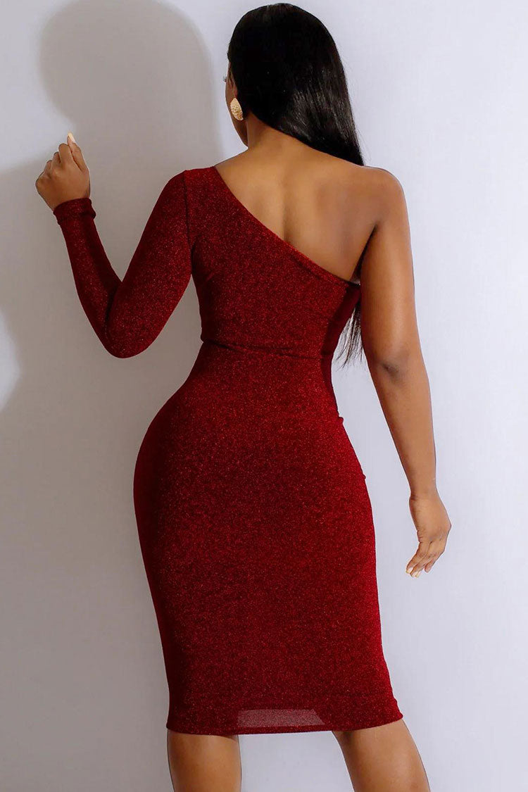 One Shoulder Chest Cut Out Lurex Shimmer Long Sleeve Bodycon Cocktail Midi Dress 2