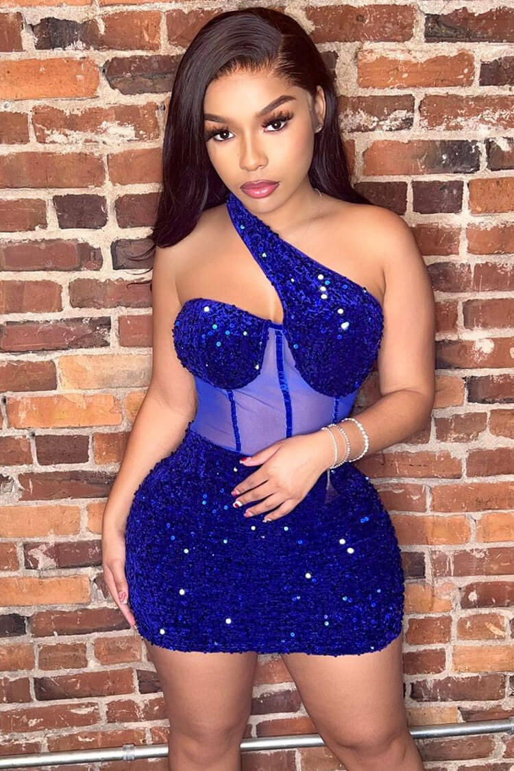 One Shoulder Sequin Corset Mesh Panel Boned Bodycon Mini Mini Dress