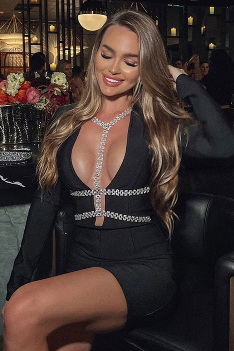 Deep V Neck Long Sleeve Rhinestone Harness Bandage Mini Dress