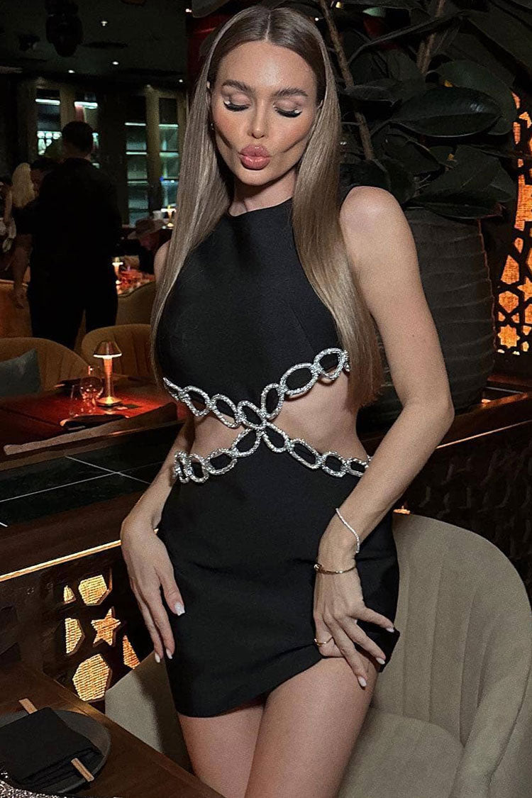 Rhinestone Chain-Link Waist Cutout Crew Neck Sleeveless Bandage Mini Dress