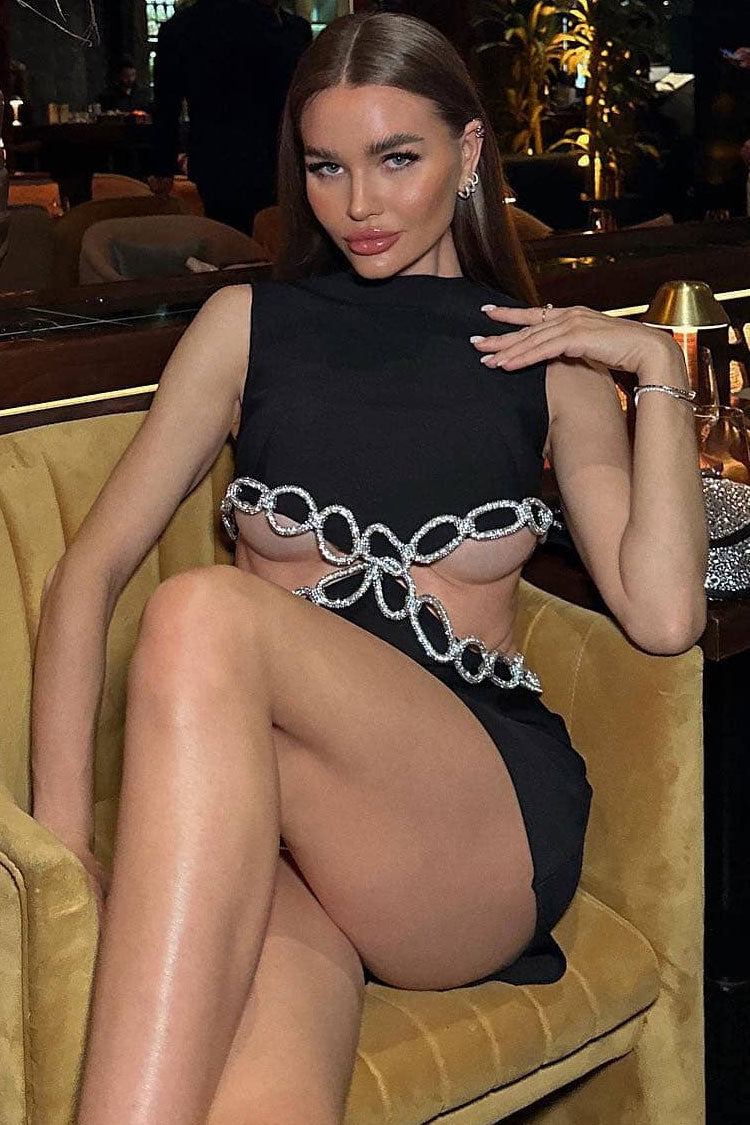 Rhinestone Chain-Link Waist Cutout Crew Neck Sleeveless Bandage Mini Dress 3