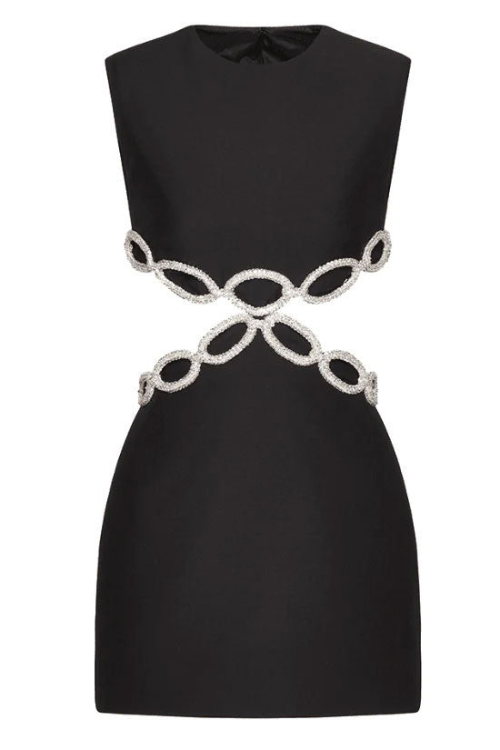 Rhinestone Chain-Link Waist Cutout Crew Neck Sleeveless Bandage Mini Dress 5