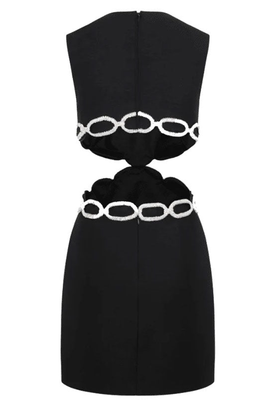 Rhinestone Chain-Link Waist Cutout Crew Neck Sleeveless Bandage Mini Dress 6