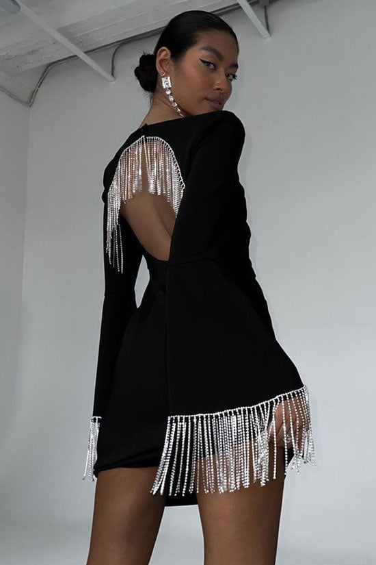Rhinestone Fringe Oval Back Cutout Long Sleeve Bodycon Mini Dress 4