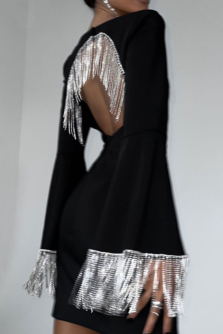 Rhinestone Fringe Oval Back Cutout Long Sleeve Bodycon Mini Dress 3