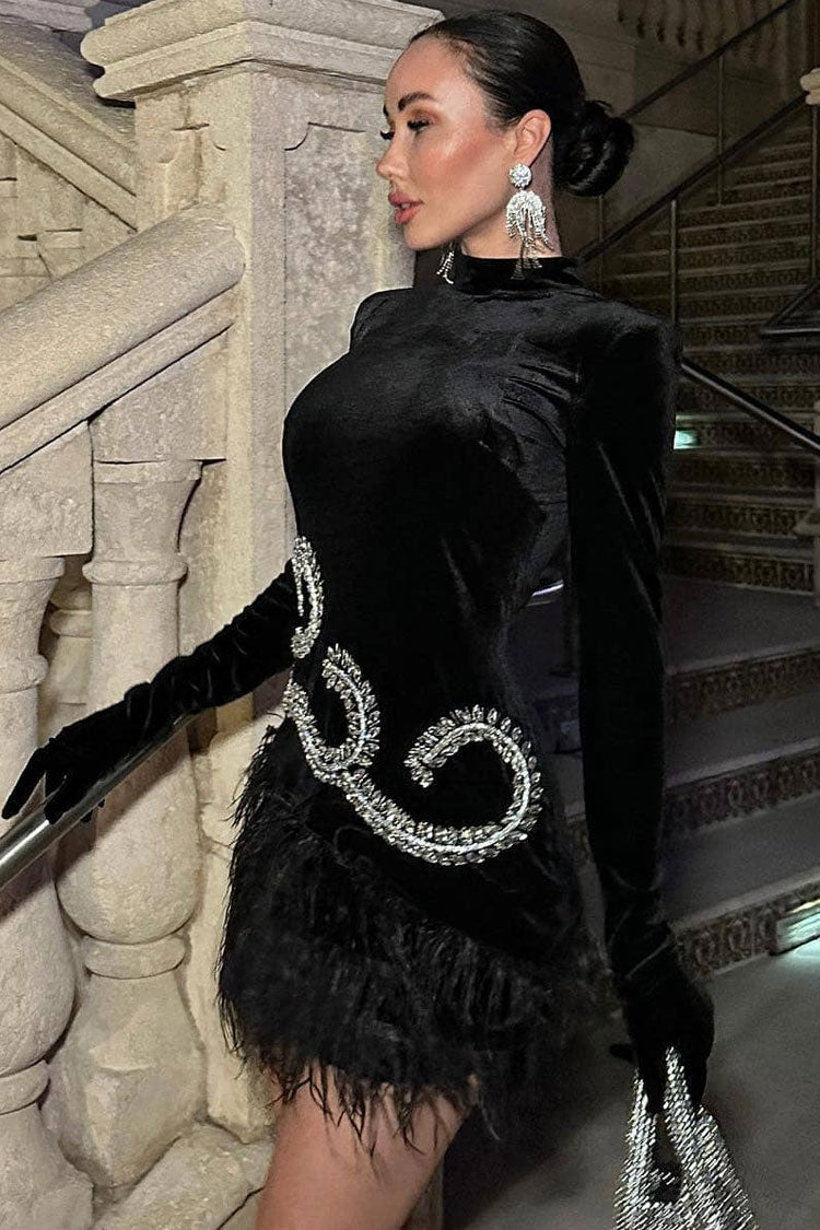 Mock Neck Sequin Scroll Embroidery Integrated Glove Sleeve Feather Trim Velvet Mini Dress 4