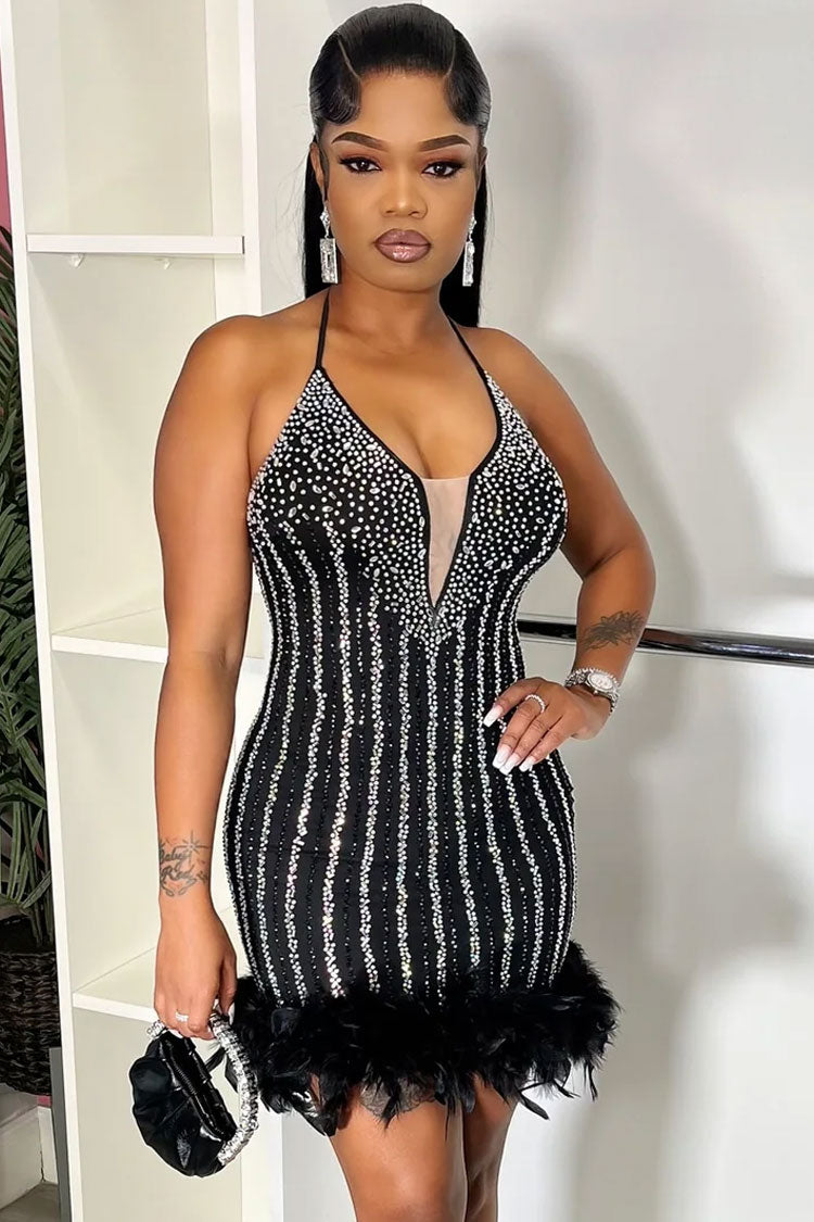 Rhinestone Halter Neck Deep V-Neck Feather Trim Bodycon Mini Mini Dress
