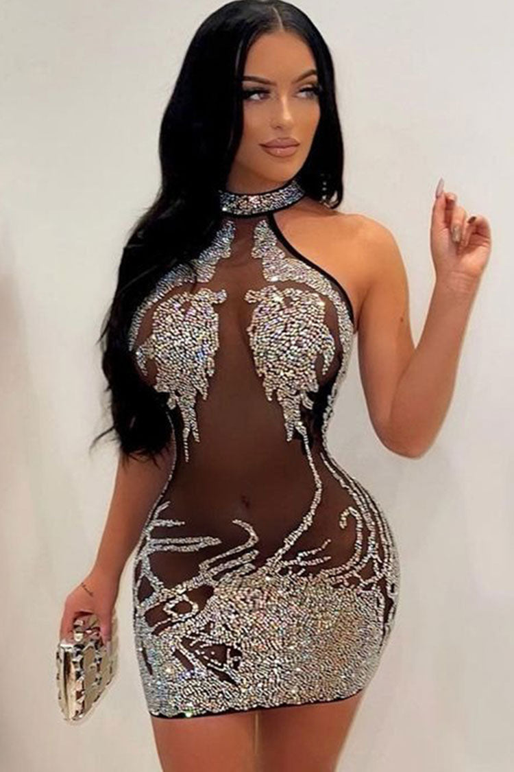 Rhinestone Mock Neck Sheer Mesh Bodycon Mini Dress