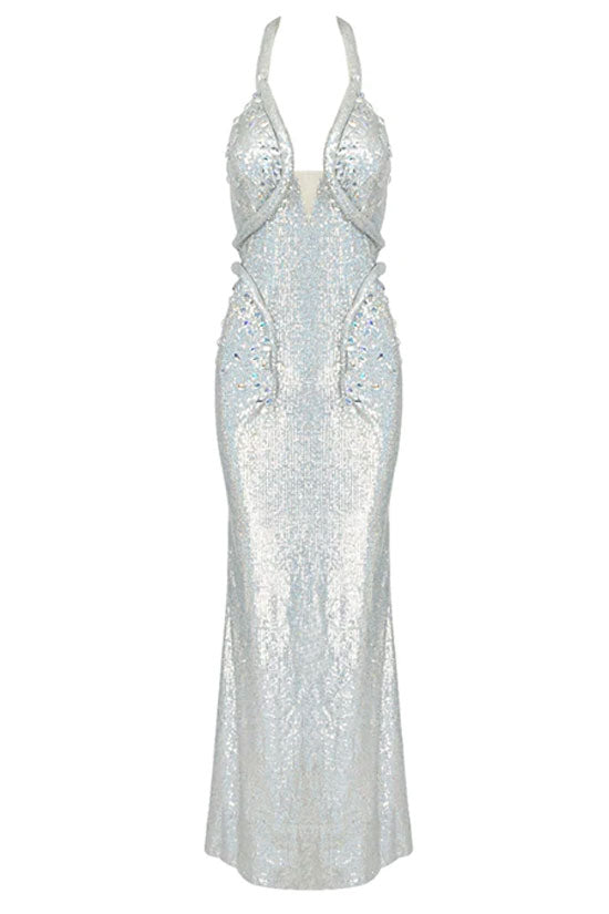 Sequin Snake Print Halter Plunge Rhinestone Trim Mermaid Maxi Dress 3